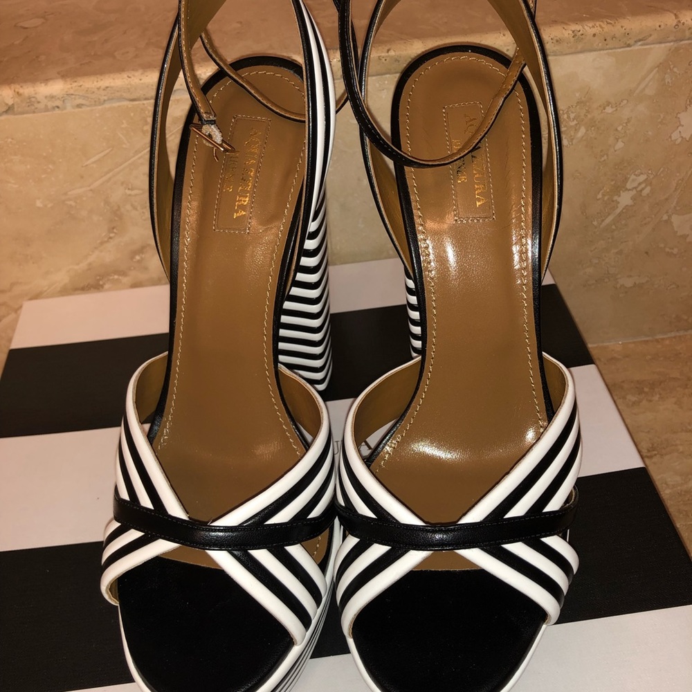 Aquazzura Black and White Platform Sundance Sandals with Stripes - Picture 2 of 8